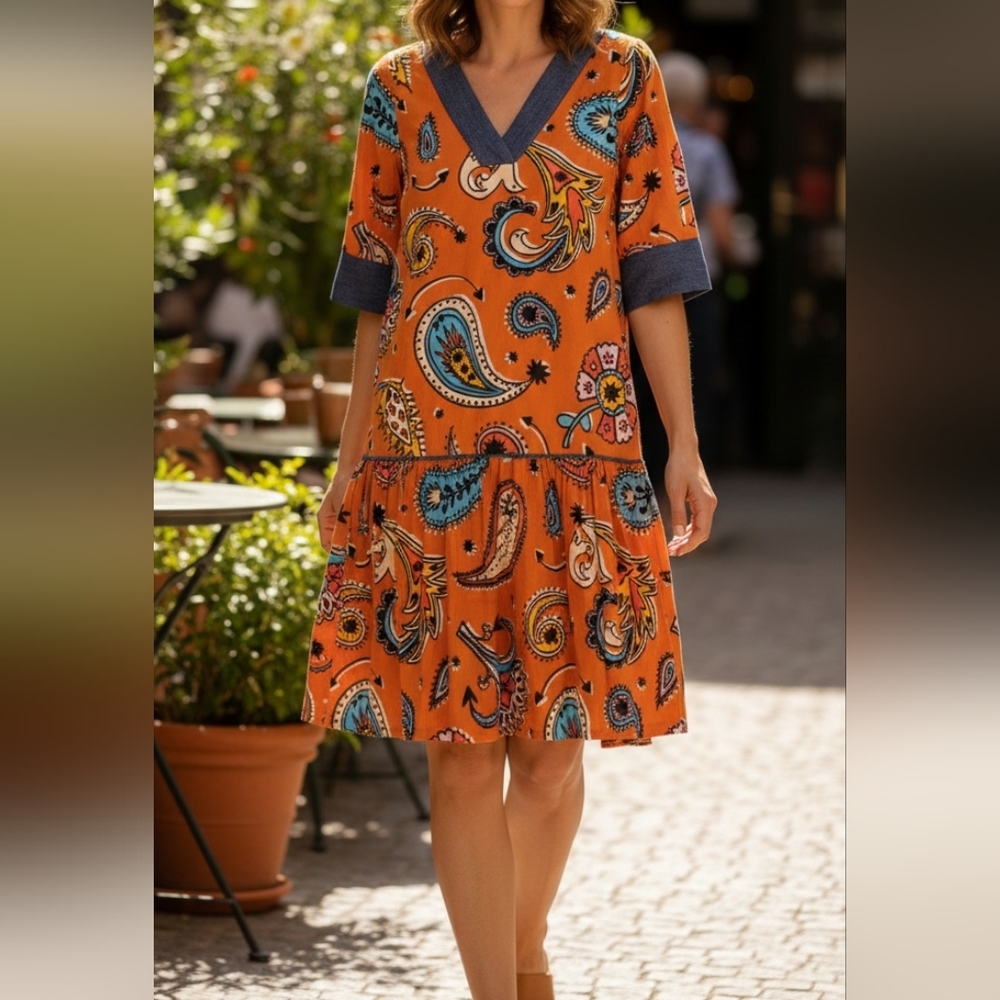 Gorman Multicolor Paisley Print Corduroy Dress – V-Neck Boho Tunic Size S